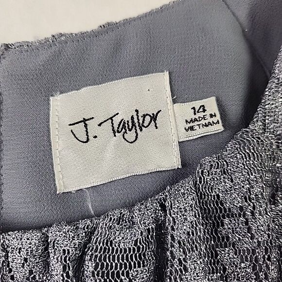 J. Taylor Silver Halter Party Dress Size 14 Floral Lace Shimmer Gathered Waist - Picture 8 of 11